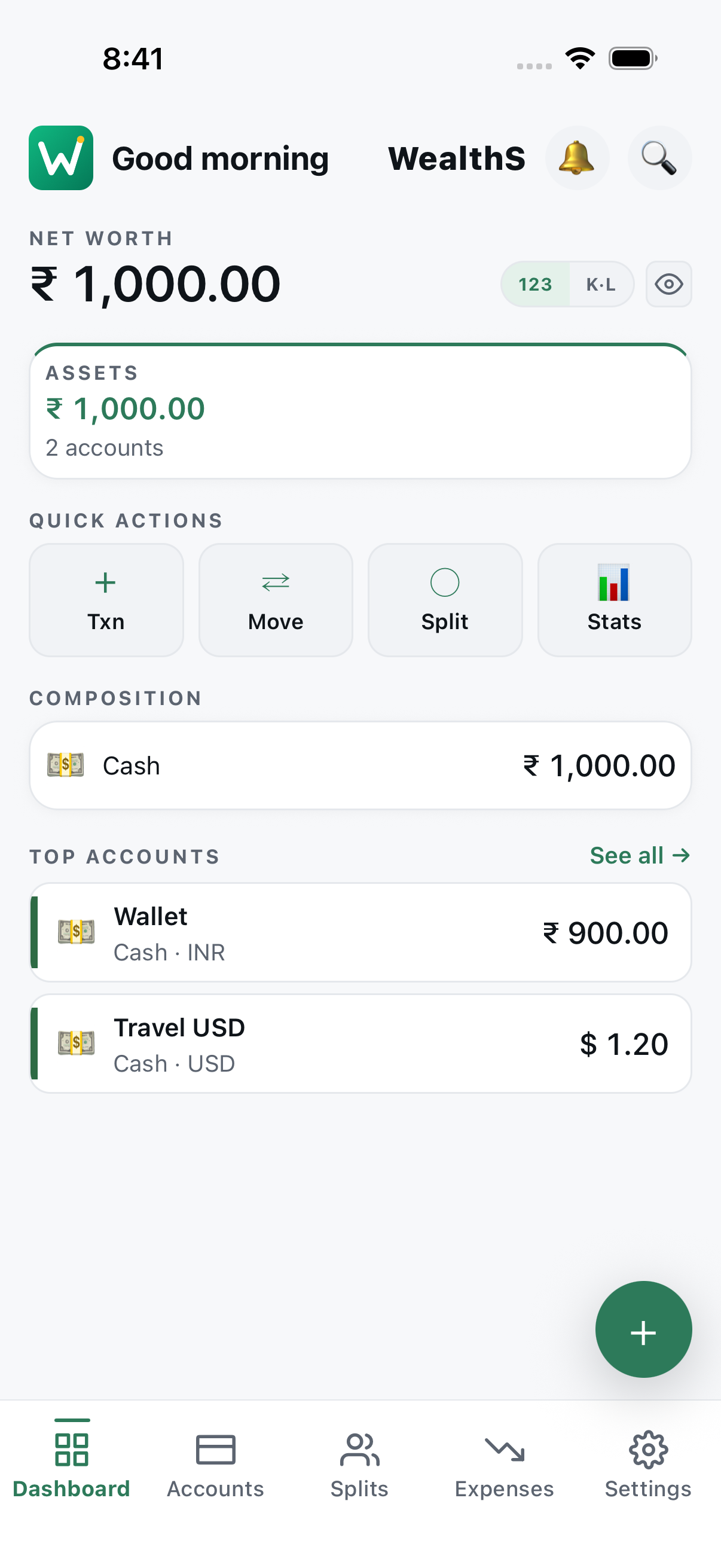 Dashboard — Net worth, assets, quick actions, top accounts