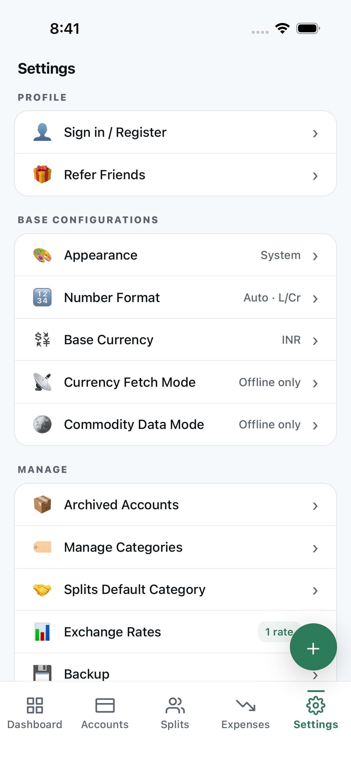 Settings — Appearance, currency, exchange rates and more